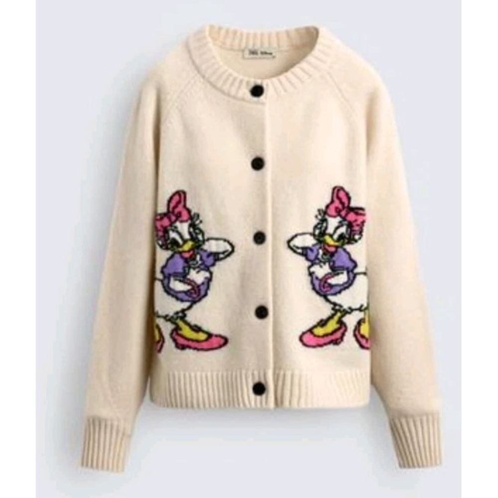 Harry Lambert Zara x Disney 100% Wool Daisy Duck Cardigan Sweater Cream Medium